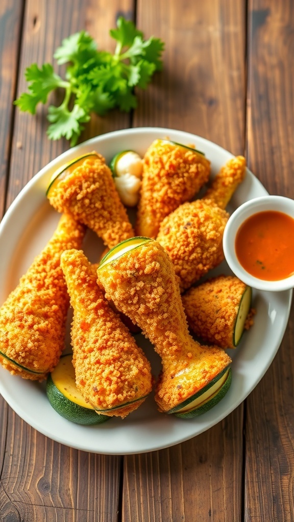Crispy vegetable drumsticks made from zucchini, carrots, broccoli, and cauliflower, served with dipping sauce on a rustic table.